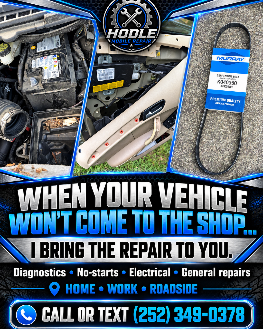 Examples of mobile repairs including batteries, belts, and interior door repair